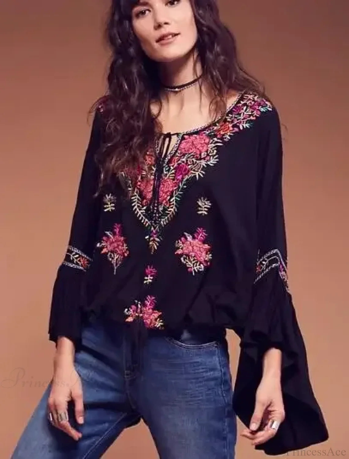 Floral Embroidered Flare Sleeve V-Neck Casual Boho Blouse Black / S bohoblouse-250126