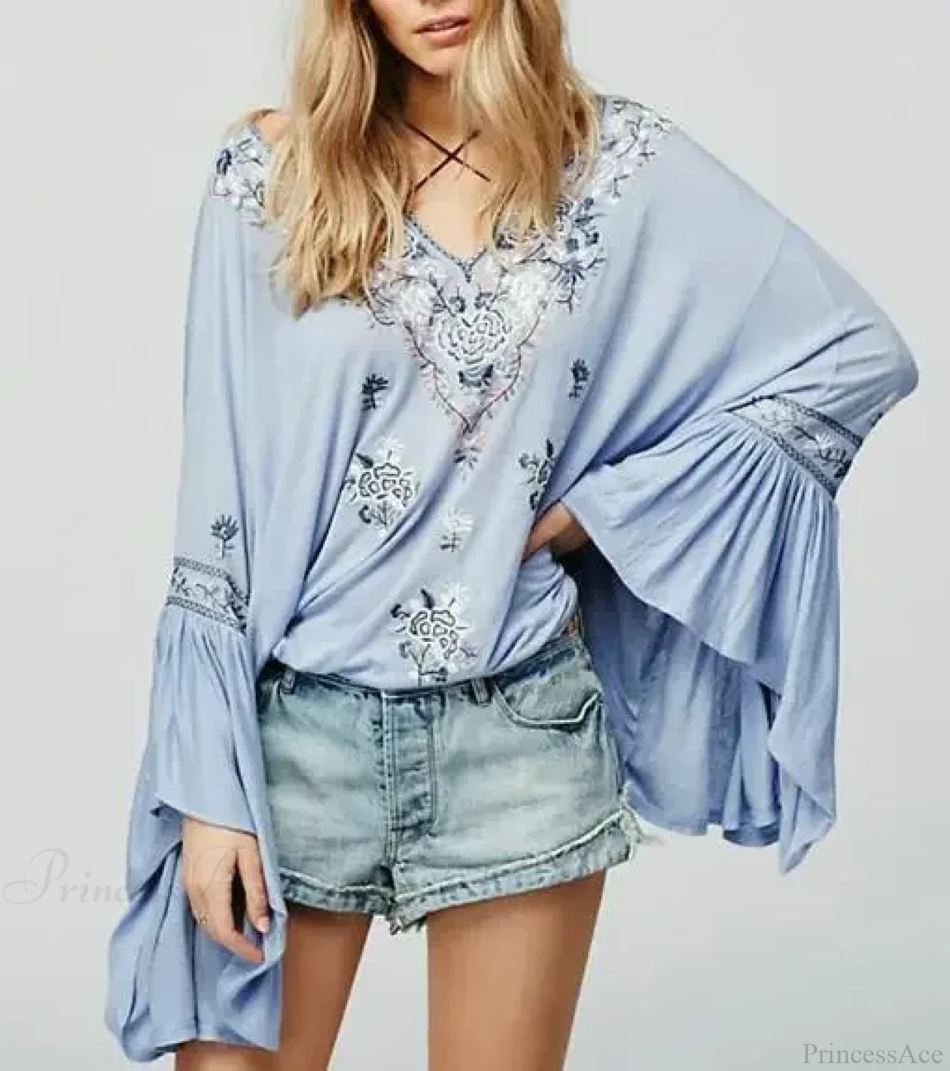 Floral Embroidered Flare Sleeve V-Neck Casual Boho Blouse Blue / S bohoblouse-250126