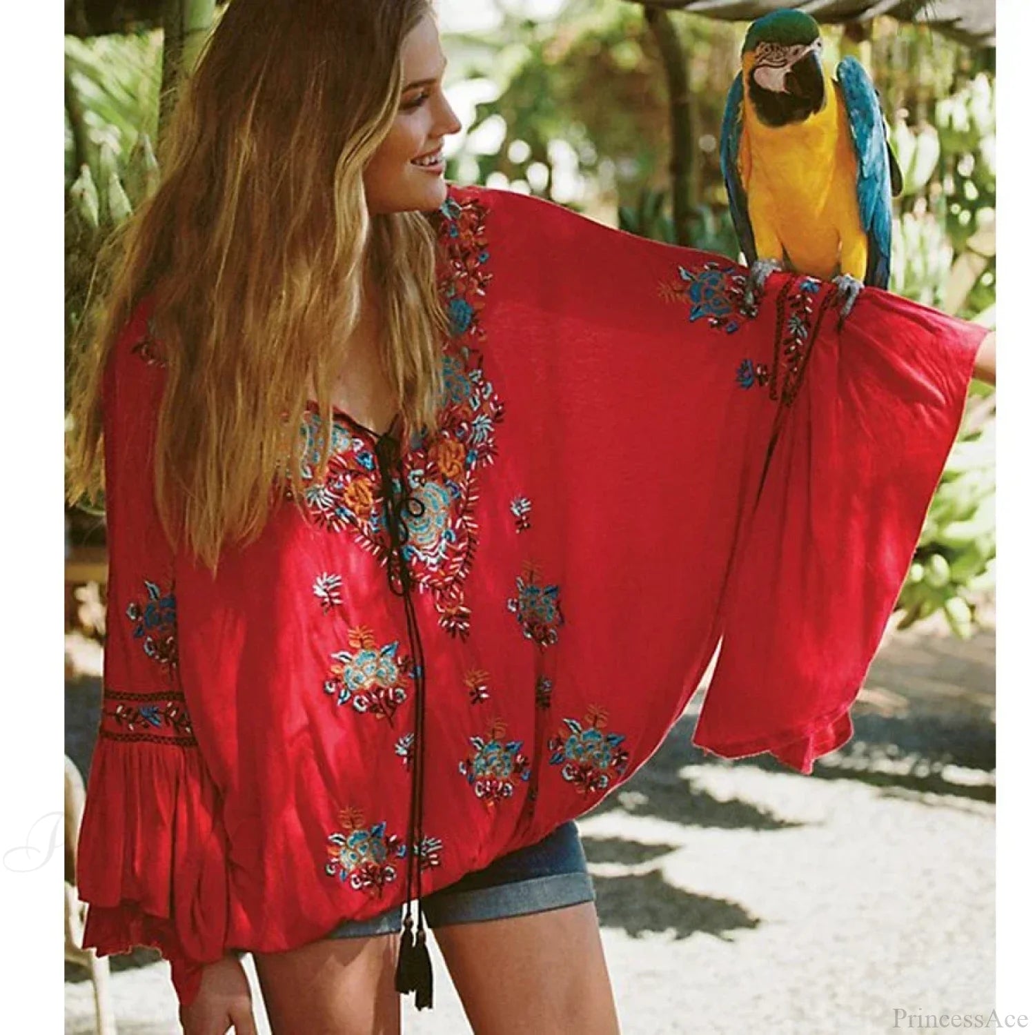 Floral Embroidered Flare Sleeve V-Neck Casual Boho Blouse bohoblouse-250126