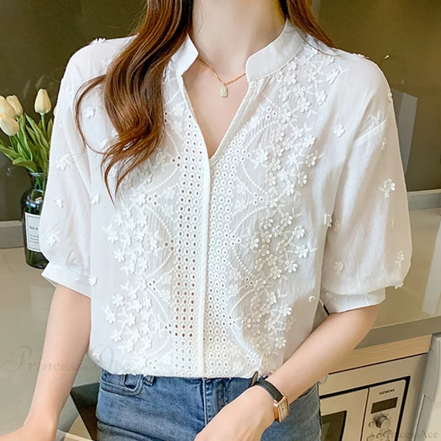 Floral Embroidery Lace Hollow V-neck Blouse blouse-250126