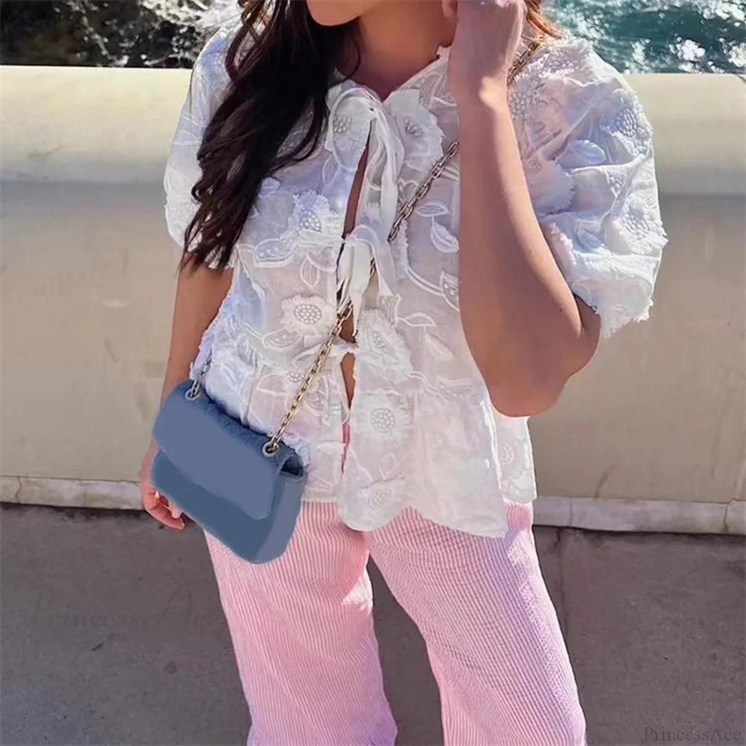 Floral Embroidery Puff Short Sleeve Blouse blouse-250223