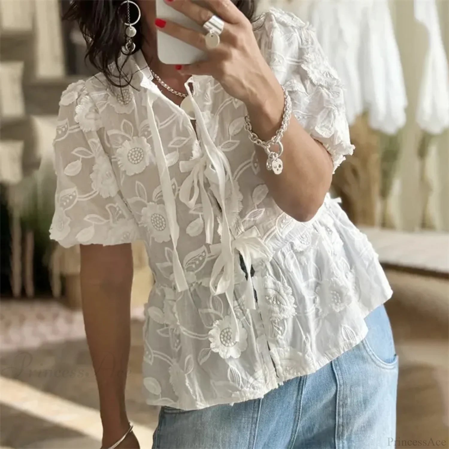 Floral Embroidery Puff Short Sleeve Blouse blouse-250223