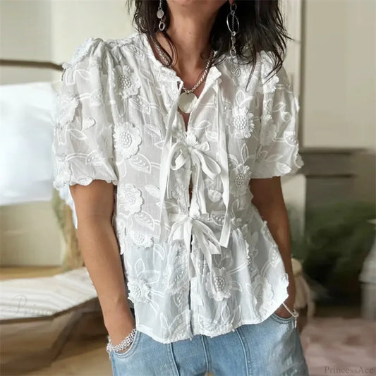 Floral Embroidery Puff Short Sleeve Blouse white / S blouse-250223