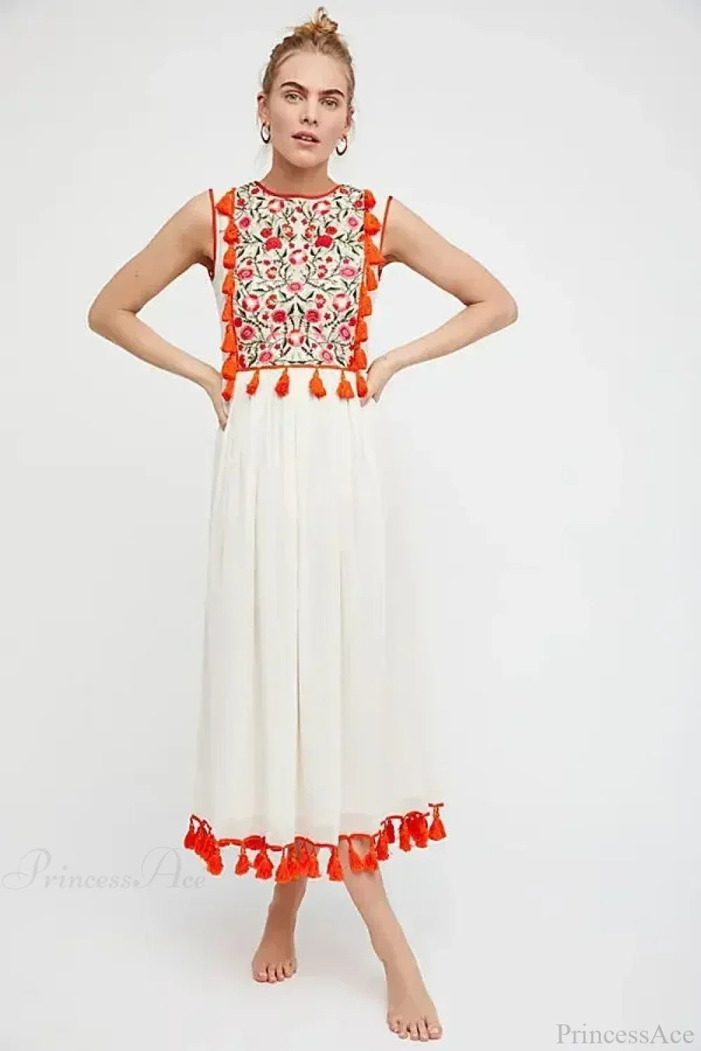 Floral Embroidery Sleeveless Tassel Cotton Boho Dress bohodress-250126