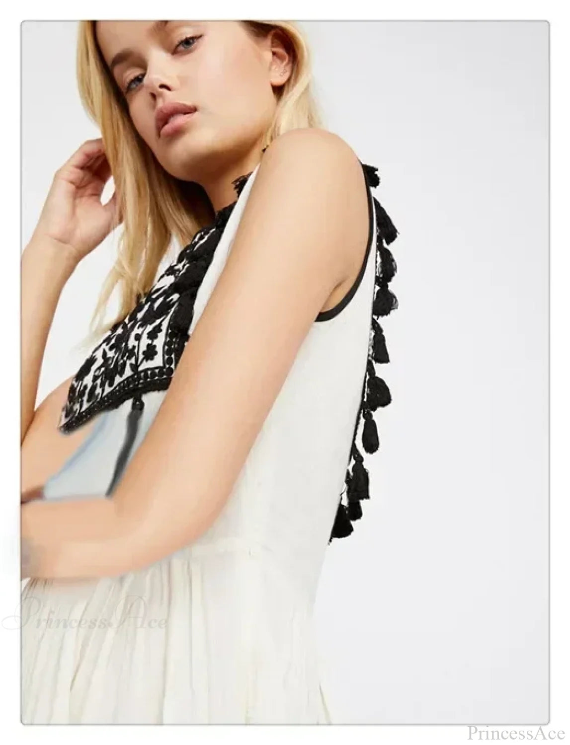 Floral Embroidery Sleeveless Tassel Cotton Boho Dress bohodress-250126