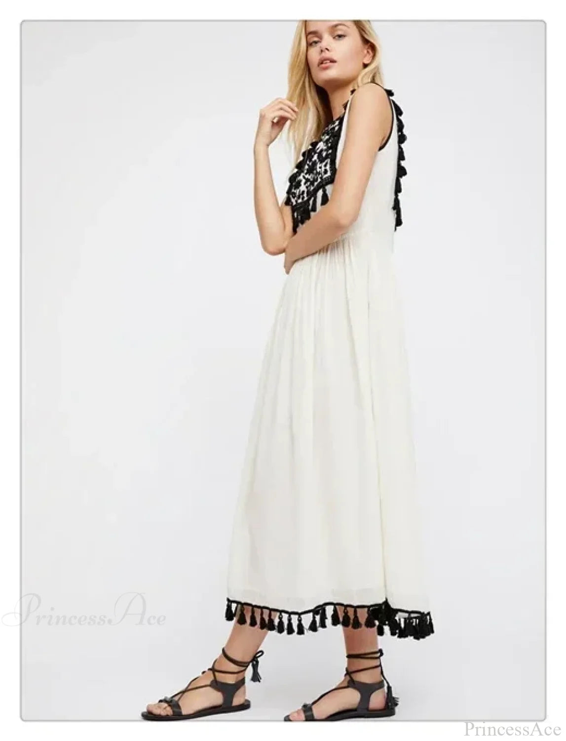 Floral Embroidery Sleeveless Tassel Cotton Boho Dress bohodress-250126