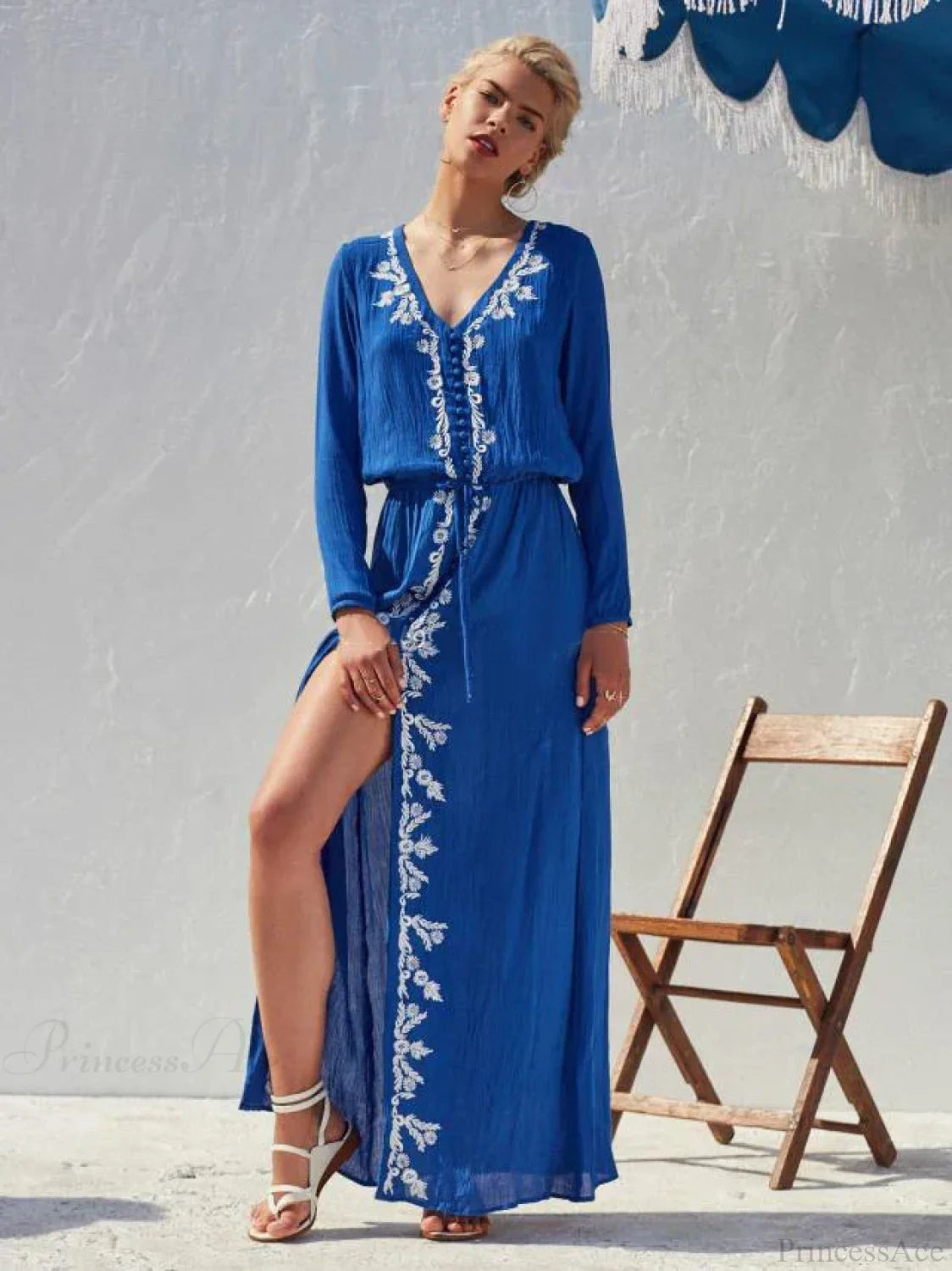 Floral Embroidery Stretch Waist Holiday Maxi Boho Dress Blue / S bohodress-250126
