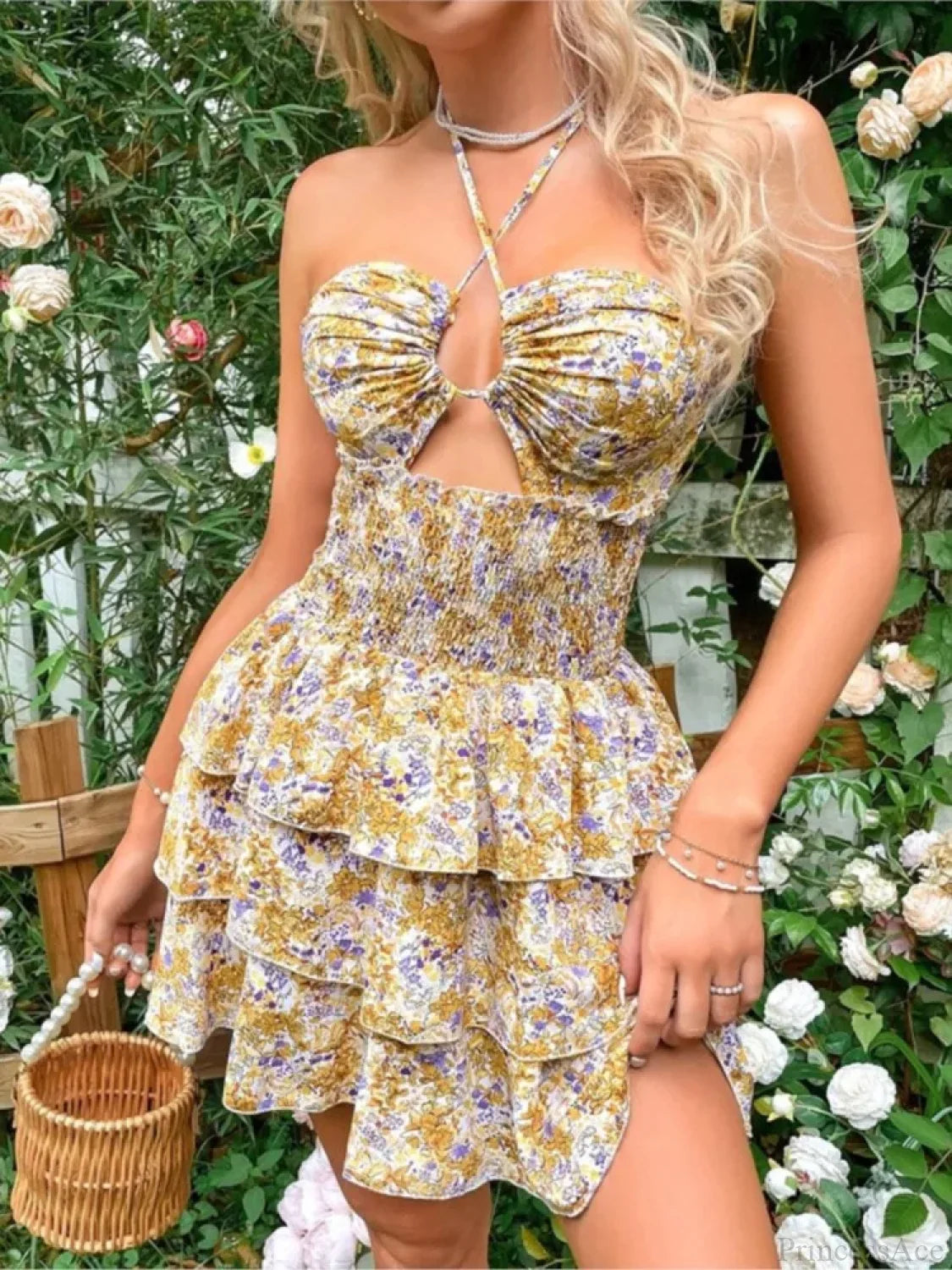 Floral Halter Neck Lace-Up Mini Floral Dress floraldress-250126