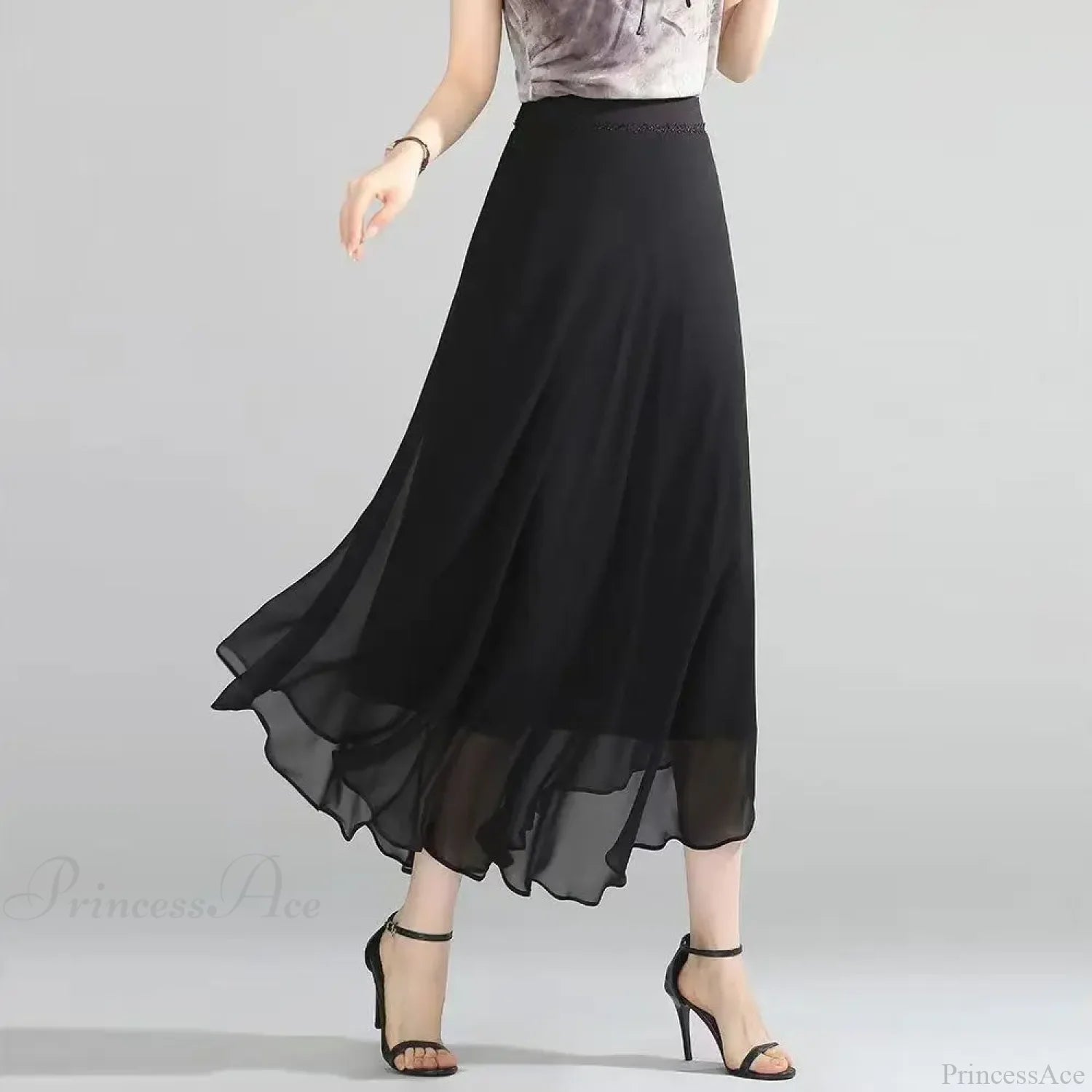 Floral High Waist Patchwork Chiffon Beach Skirt Black Length 80CM / M skirt-250126