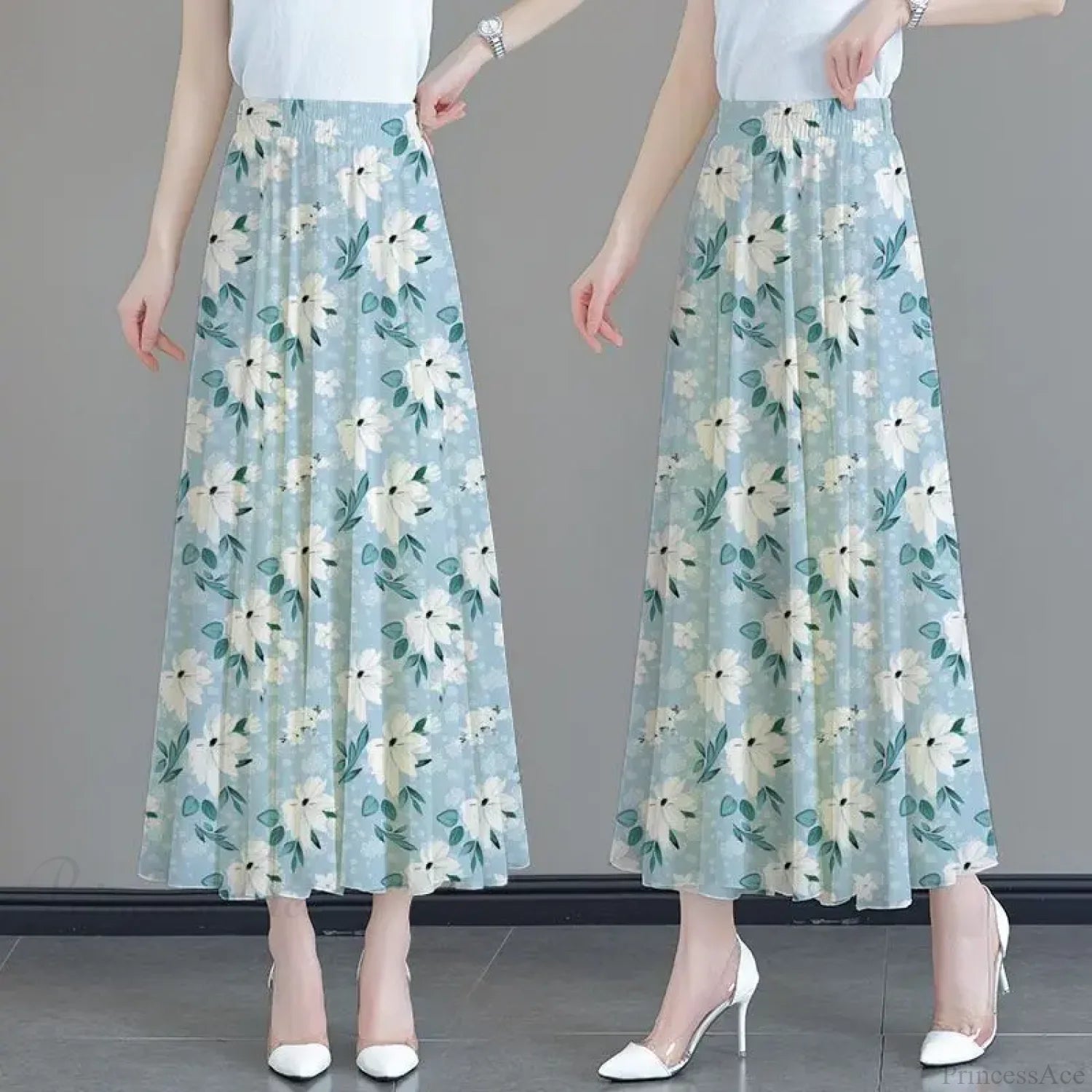 Floral High Waist Patchwork Chiffon Beach Skirt Blue Length 80CM / M skirt-250126