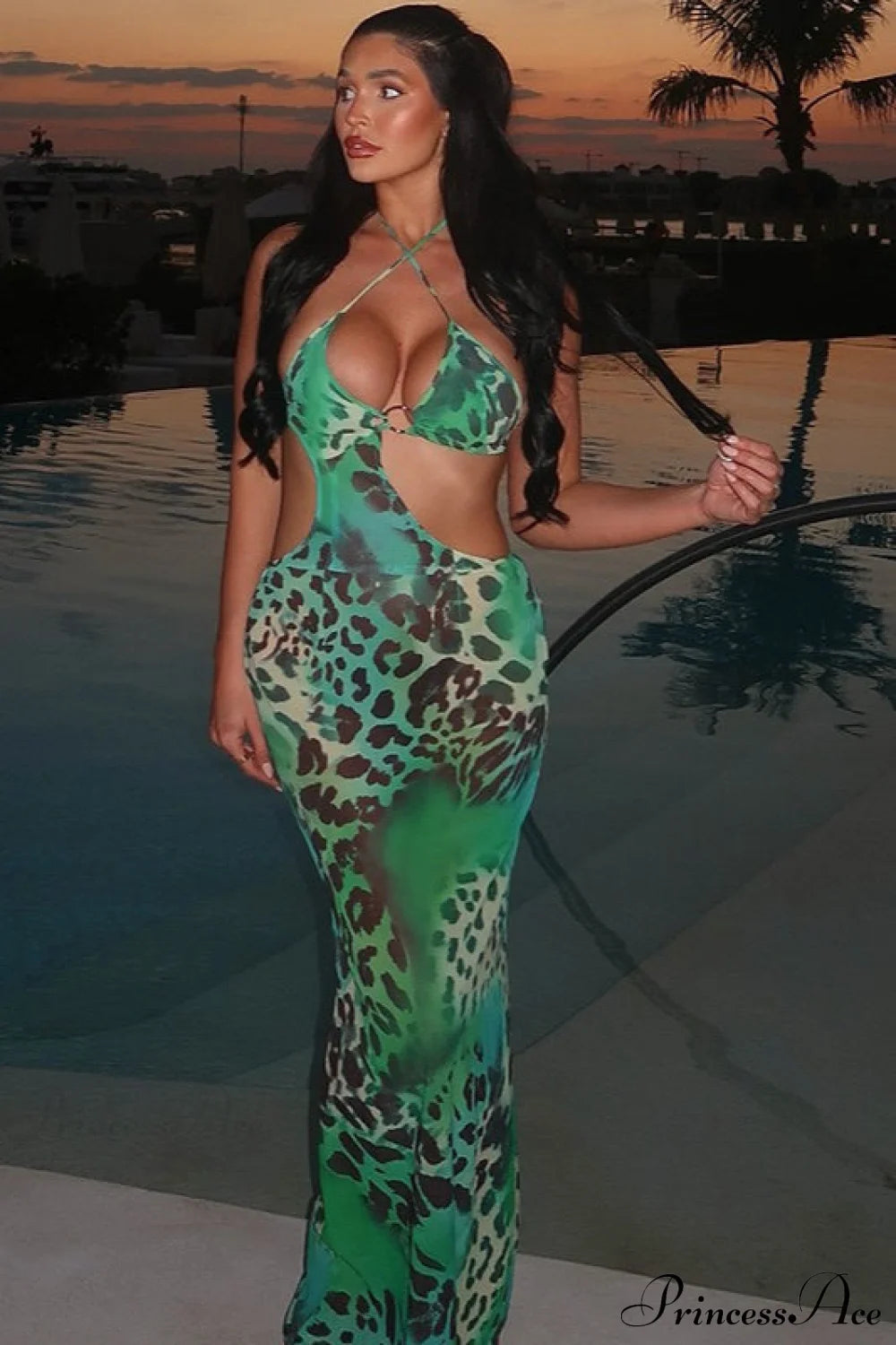 Floral Hollow Backless Tie Bodycon Maxi Dress Green / S