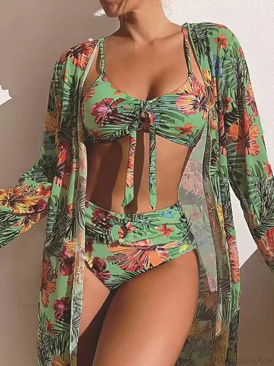 Floral Knot Front Long Sleeve Two Piece Set Green / S