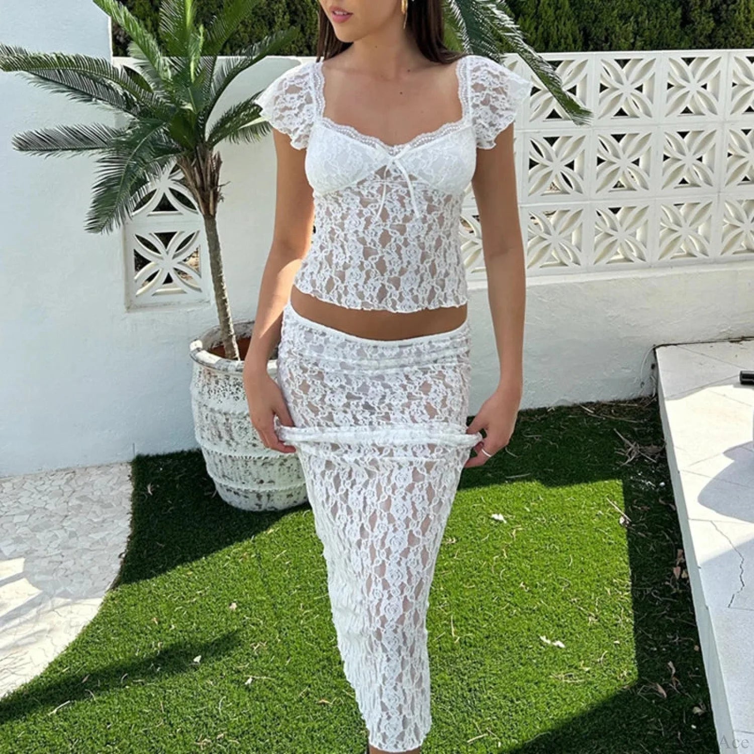 Floral Lace See-Through Short Sleeve Crop Top Long Skirt Two Pieces Set twopiecesset-250126