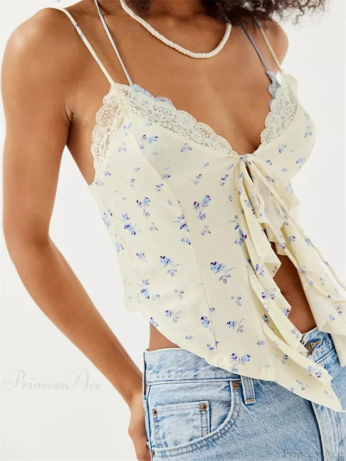 Floral Lace Trim Ruffle Split Strap Crop Top croptop-250126