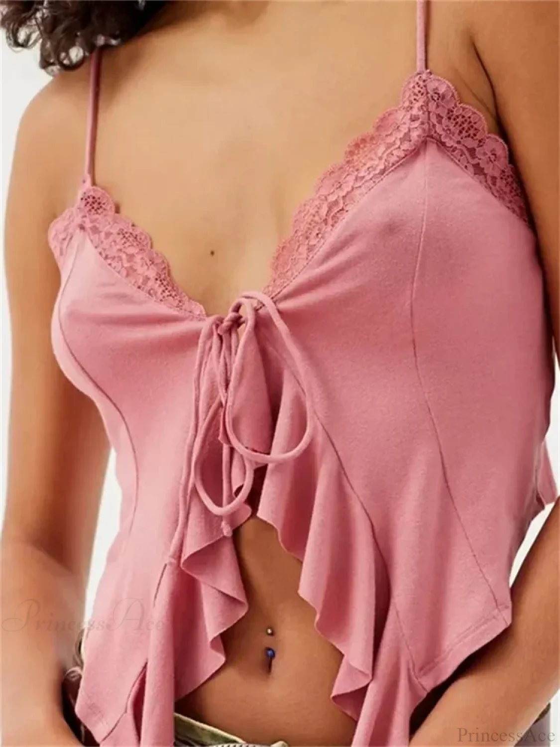 Floral Lace Trim Ruffle Split Strap Crop Top PINK / S croptop-250126