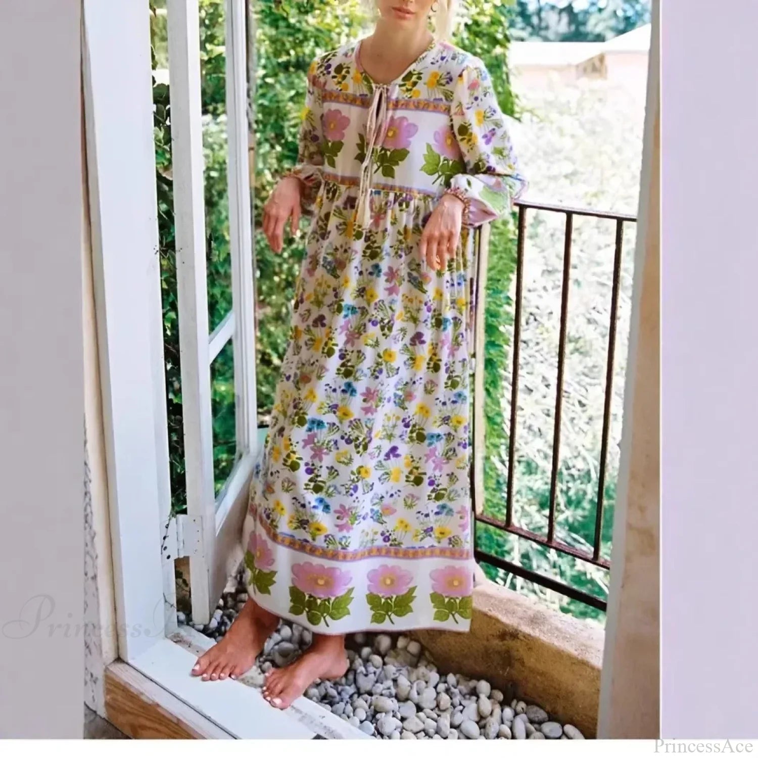 Floral Lace-up Tassel Beach Boho Dress Beige / S bohodress-250126