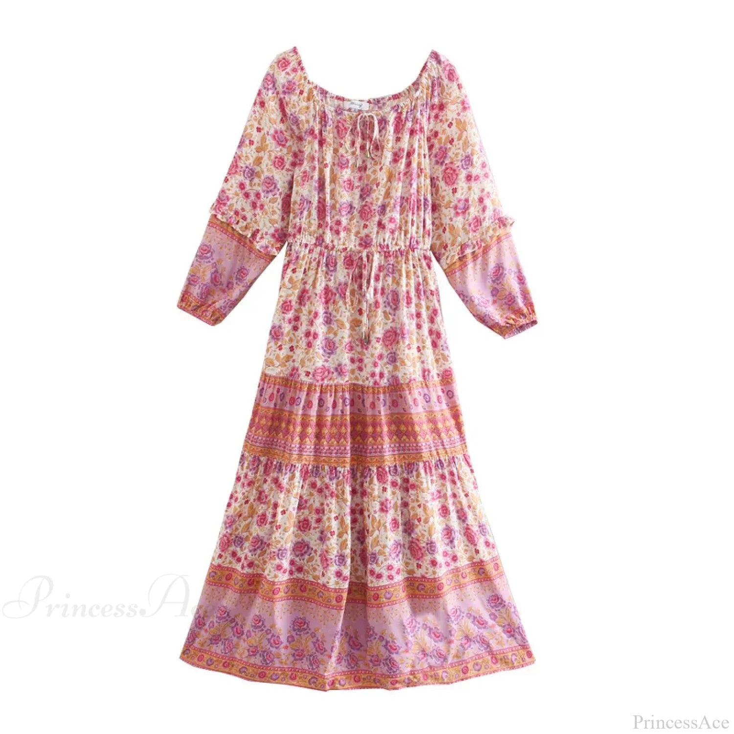 Floral Long Sleeve Belt Tassel Off Shoulder Boho Dress Pink / S bohodress-250126