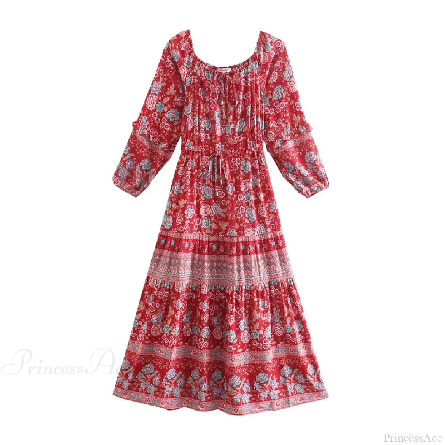 Floral Long Sleeve Belt Tassel Off Shoulder Boho Dress Red / S bohodress-250126