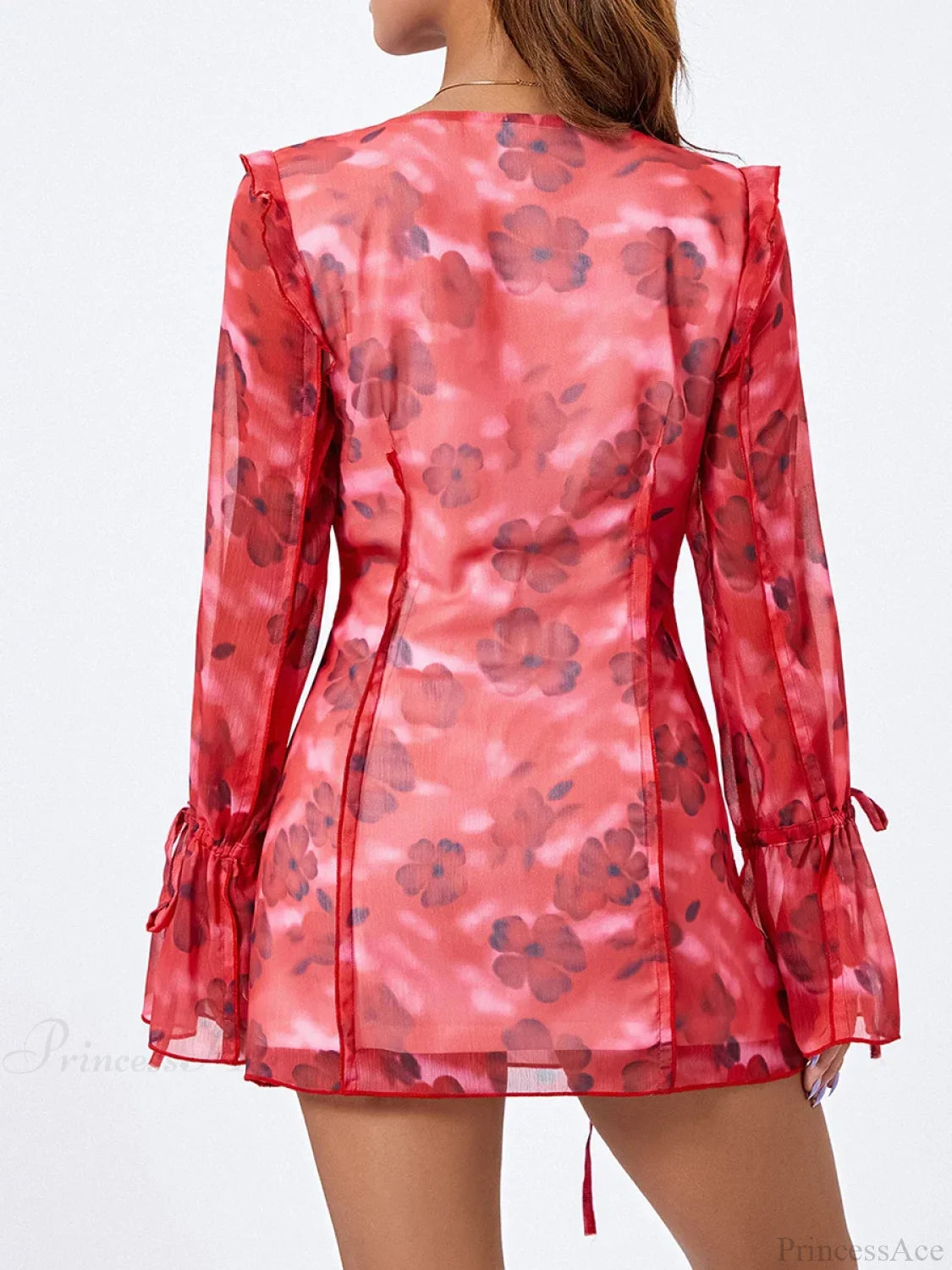 Floral Mesh Mini Dress Elegant Flare Long Sleeve Split Hem Floral Dress floraldress-250126