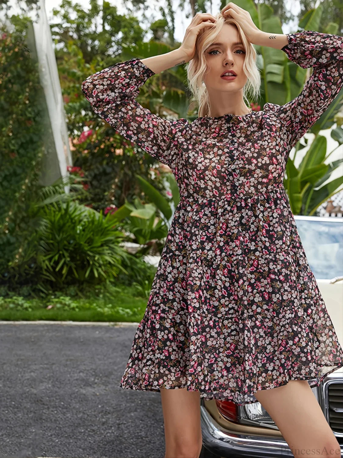 Floral O-neck Mini Party Floral Dress oldfloraldress-250126