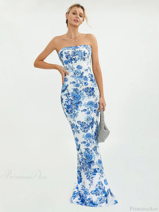 Floral Off-Shoulder Tube Bandeau Slit Bodycon Beach Holiday Floral Dress BLUE / S floraldress-250126