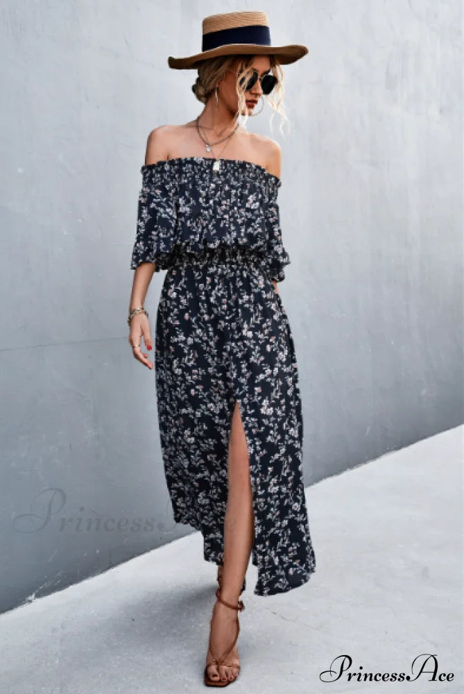 Floral One-Shoulder Tube Top Dress With Split L / Black