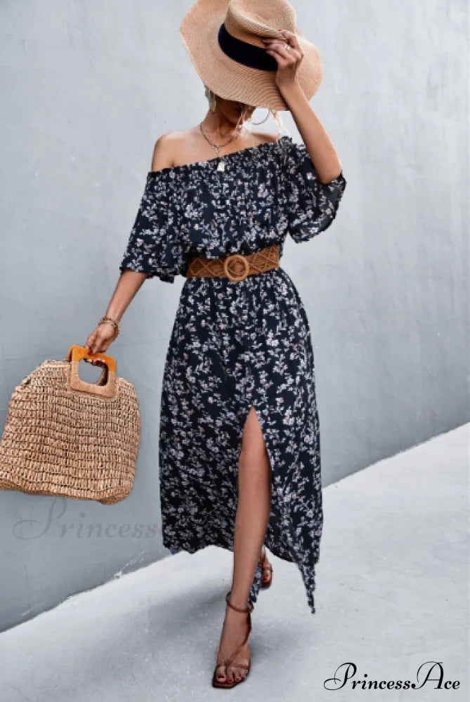 Floral One-Shoulder Tube Top Dress With Split L / Blue
