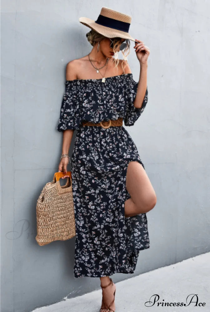 Floral One-Shoulder Tube Top Dress With Split M / Red