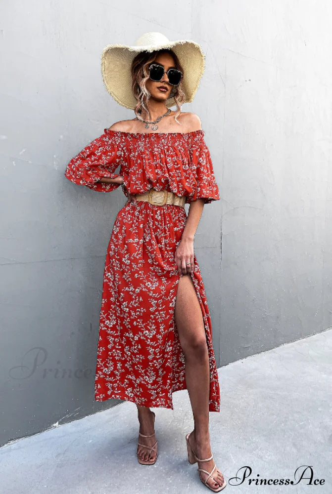 Floral One-Shoulder Tube Top Dress With Split S / Black