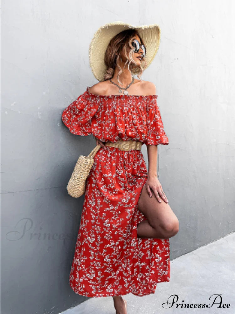 Floral One-Shoulder Tube Top Dress With Split S / Blue