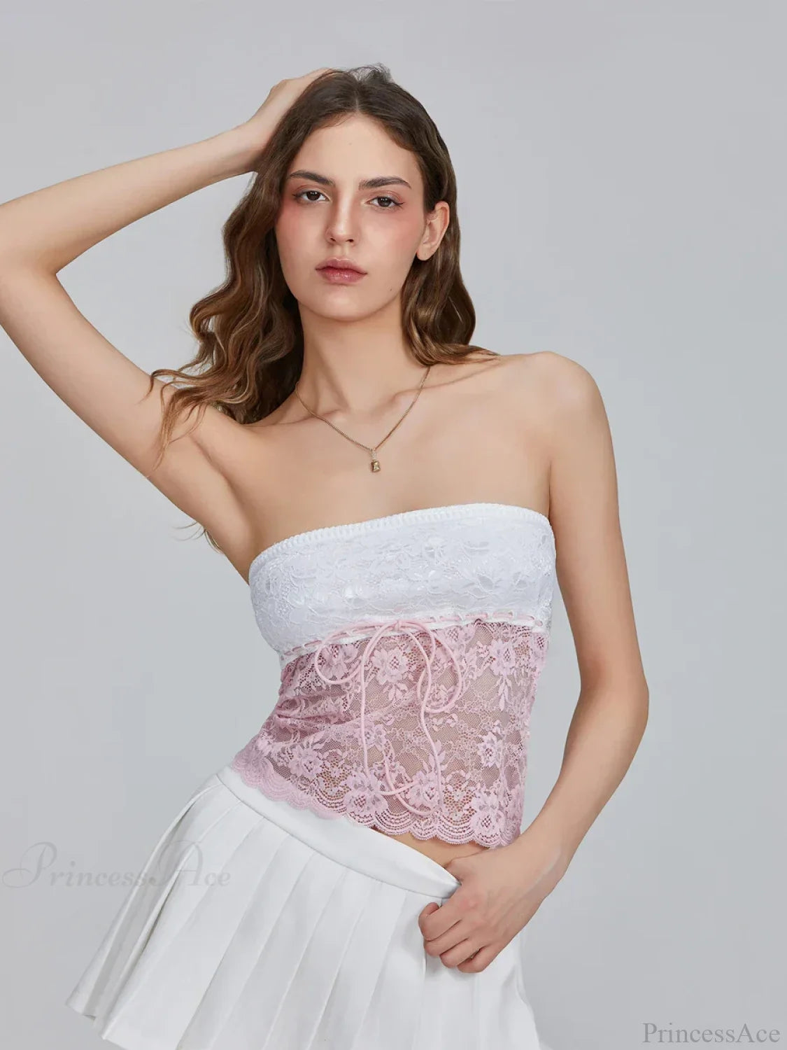 Floral Patchwork Bow Tie Front Off-shoulder Bandeau Top Pink / S croptop-250126