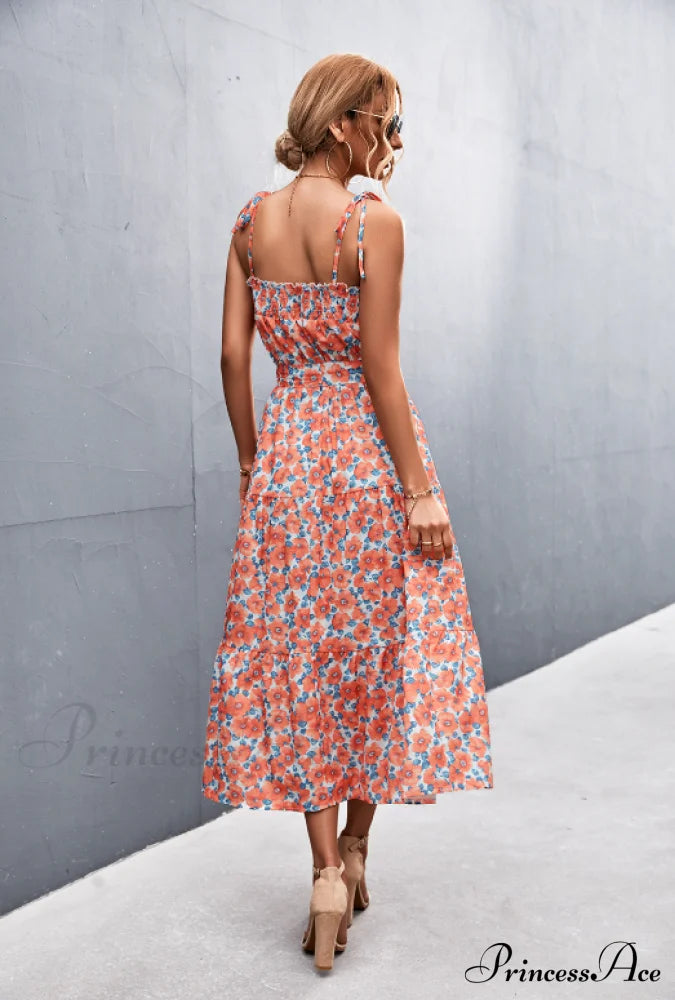 Floral Pleated Dress - Medium And Long L / Yellow