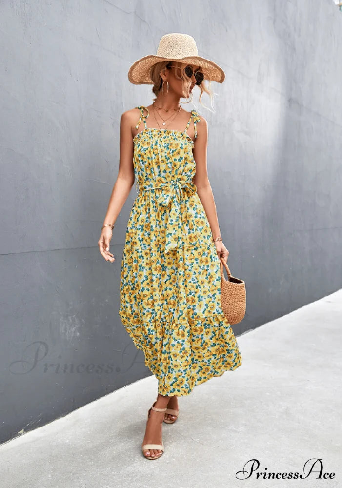 Floral Pleated Dress - Medium And Long S / Orange