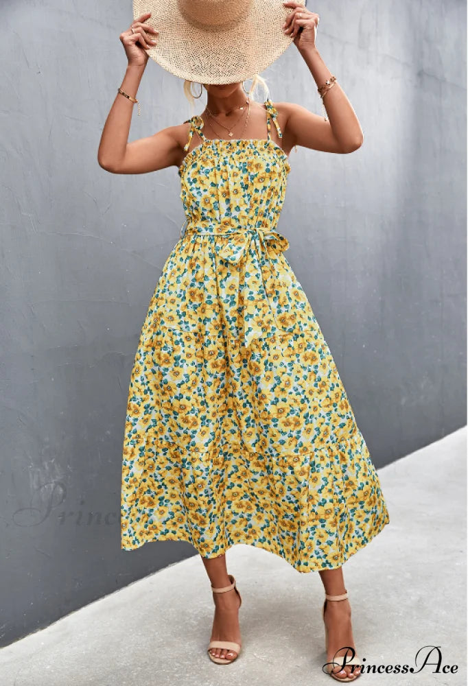 Floral Pleated Dress - Medium And Long S / Yellow