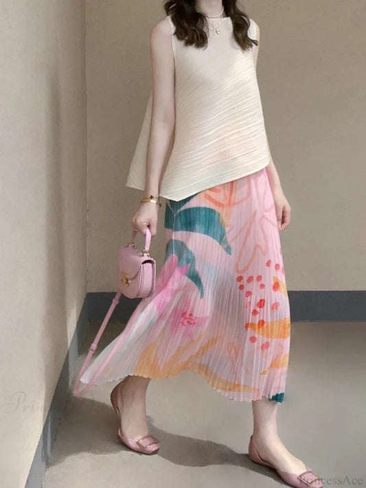 Floral Pleated Slimming High Waist Beach Comfort Skirt skirt-250126