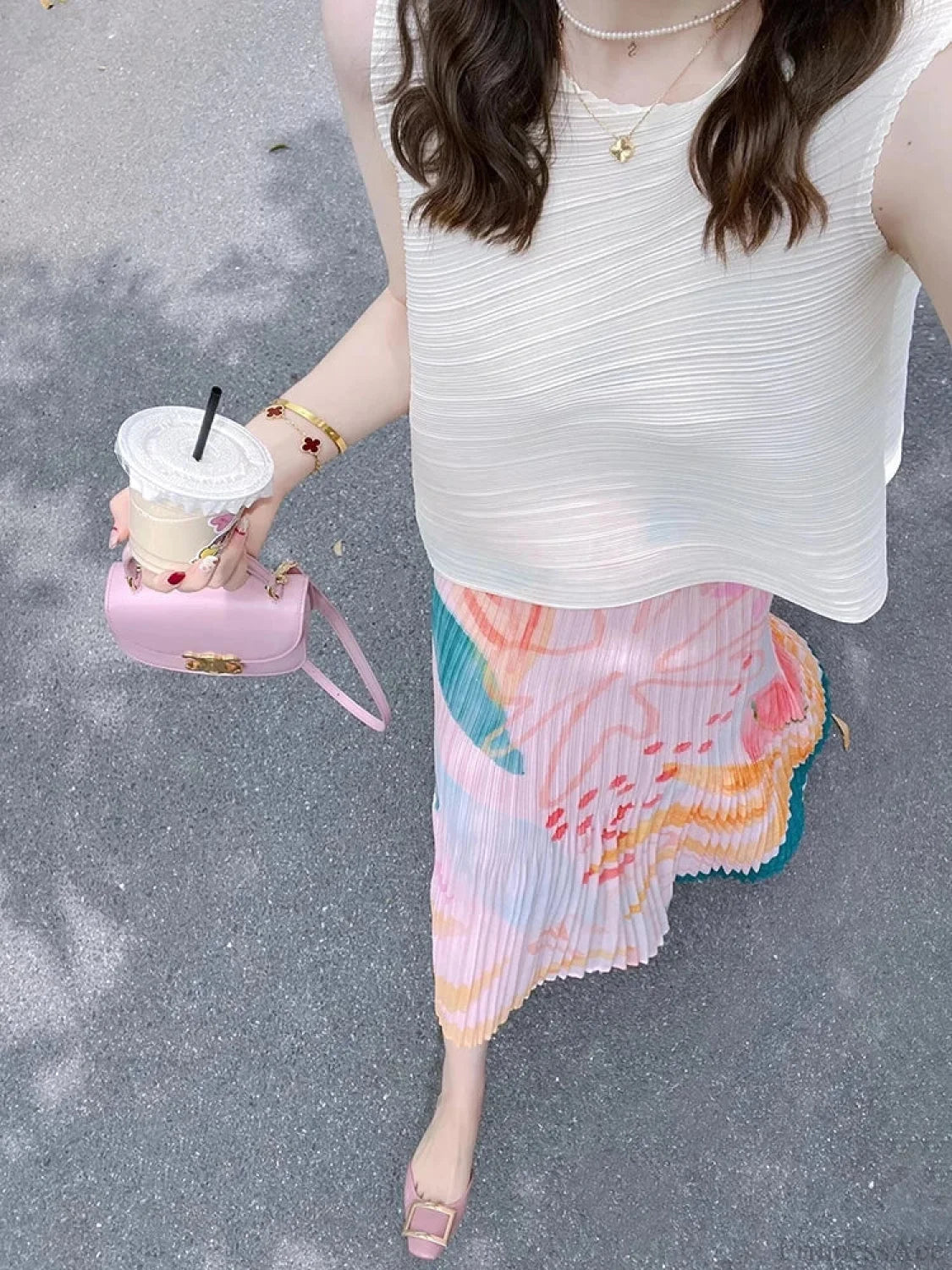 Floral Pleated Slimming High Waist Beach Comfort Skirt skirt-250126