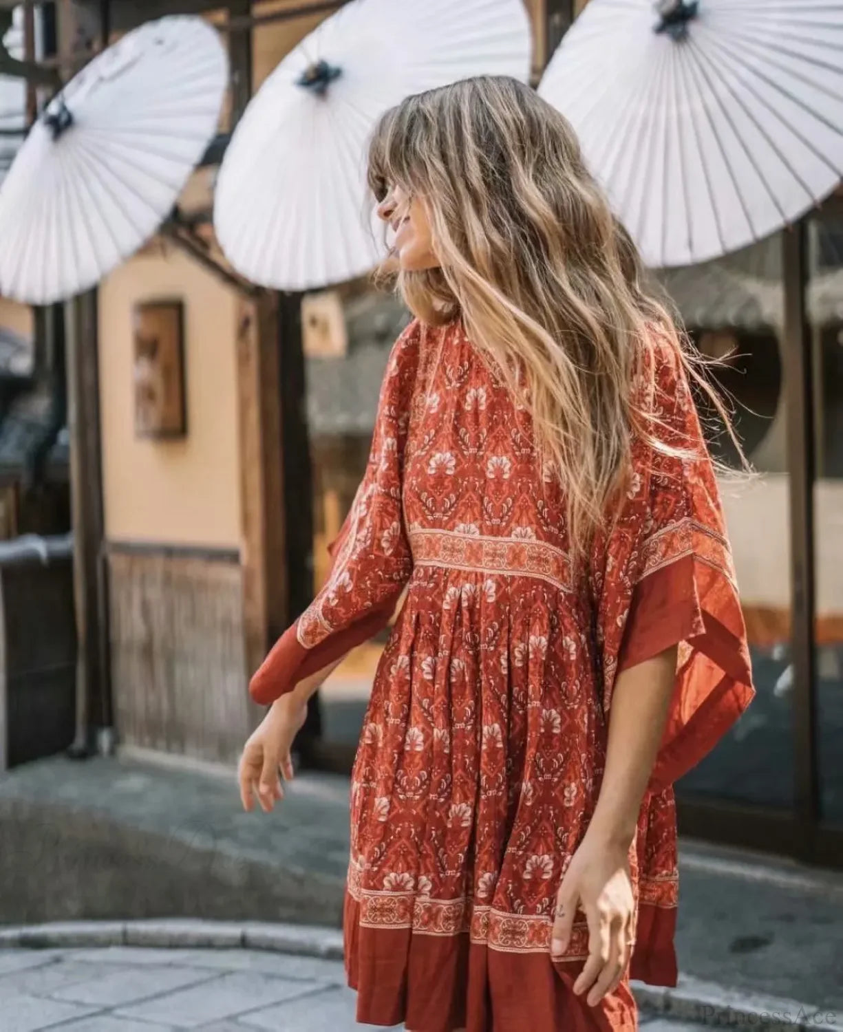 Floral Print Batwing Sleeve O-neck Summer Boho Dress Red / S bohodress-250126