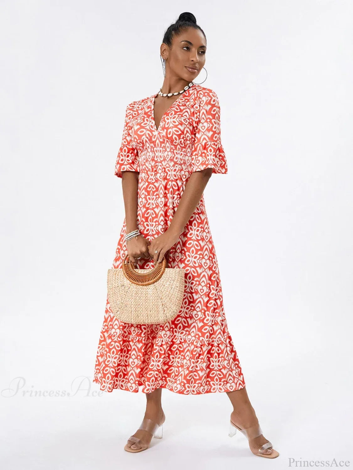 Floral Print Beach Midi Casual Flare Sleeve A-Line Ruffled Floral Dress floraldress-250126