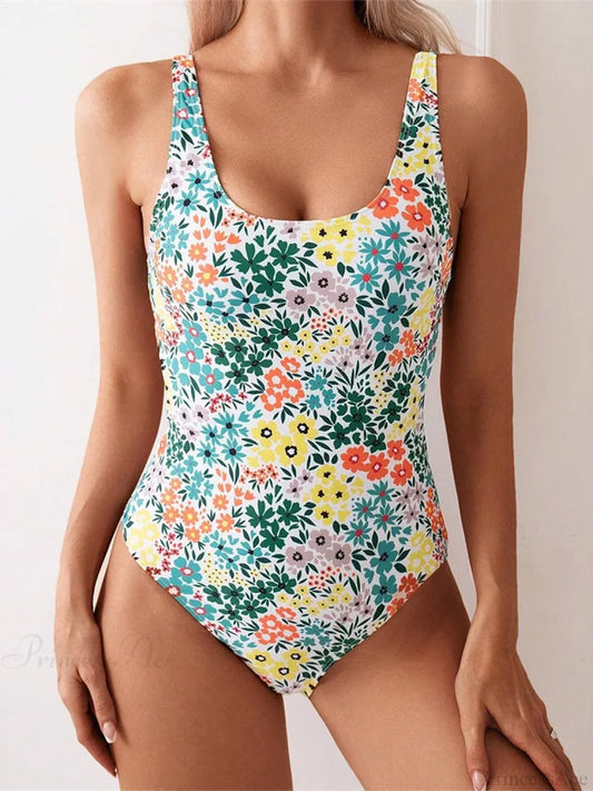 Floral Print Bodysuit One Piece Set Green / S