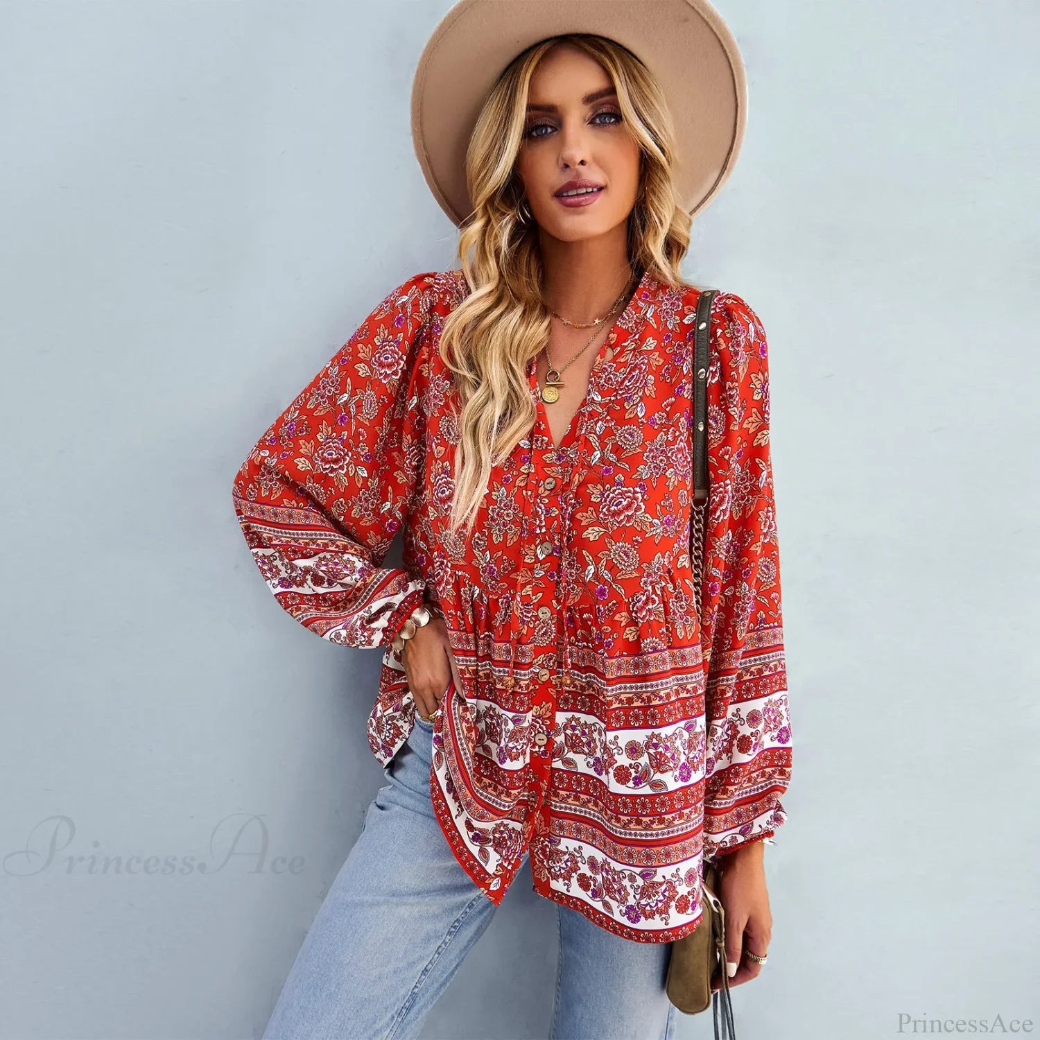 Floral Print Button-Up Long Sleeve Boho Blouse bohoblouse-250126