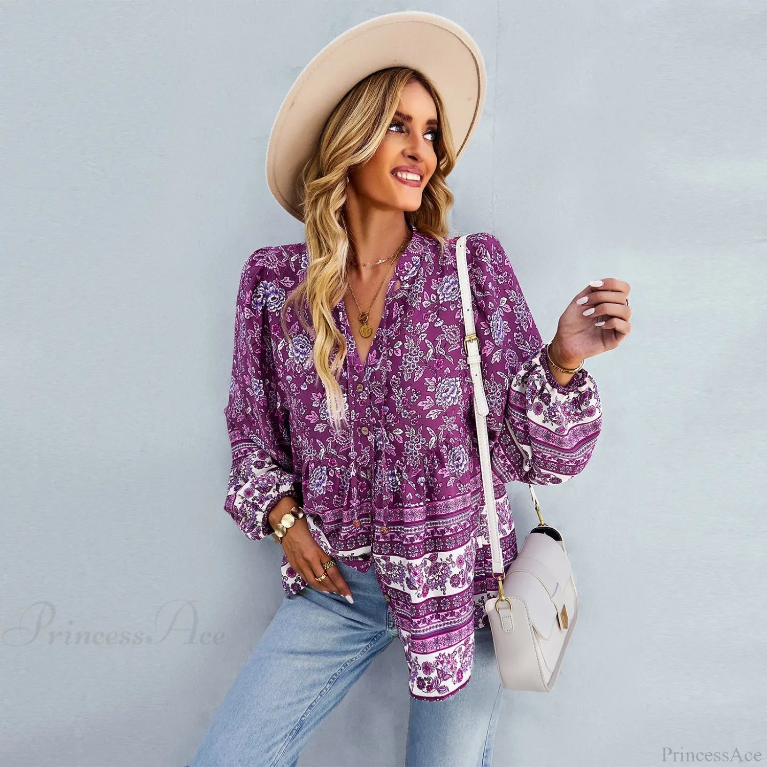 Floral Print Button-Up Long Sleeve Boho Blouse bohoblouse-250126