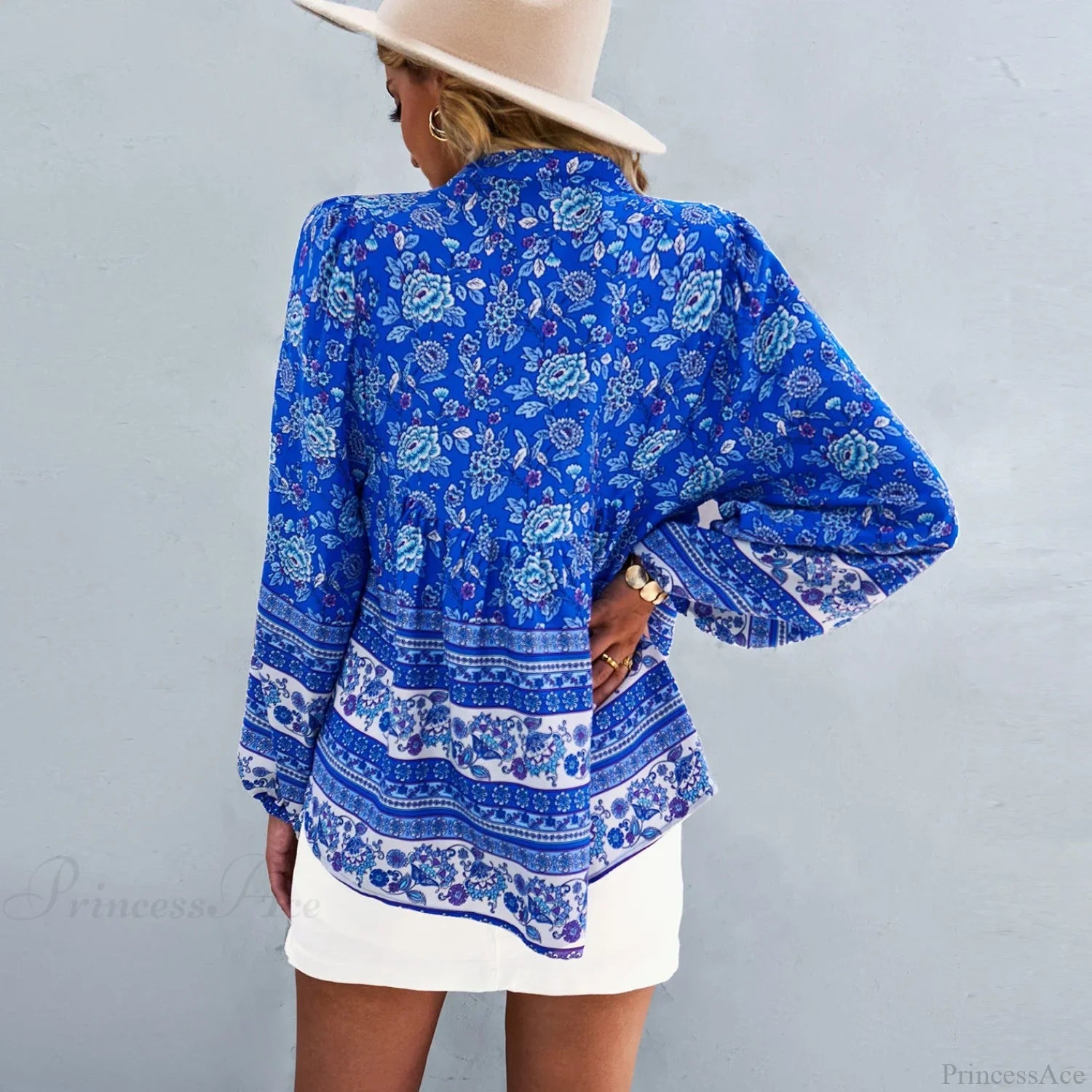Floral Print Button-Up Long Sleeve Boho Blouse bohoblouse-250126
