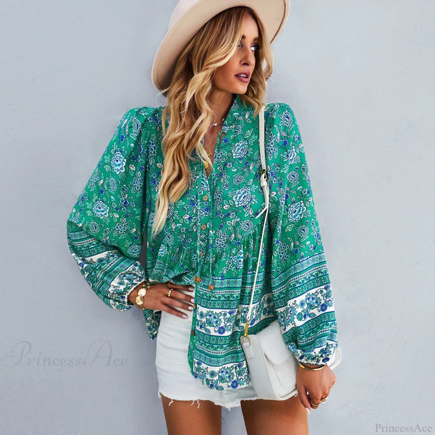 Floral Print Button-Up Long Sleeve Boho Blouse bohoblouse-250126