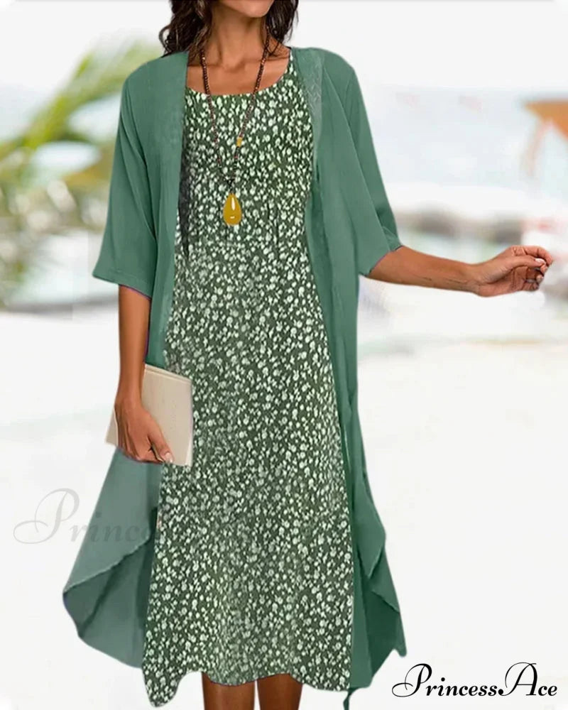 Crew Neck Floral Print Two-Piece Set Green Casual Dresses Clothes Dresses SALE Spring Summer Two-Piece Sets