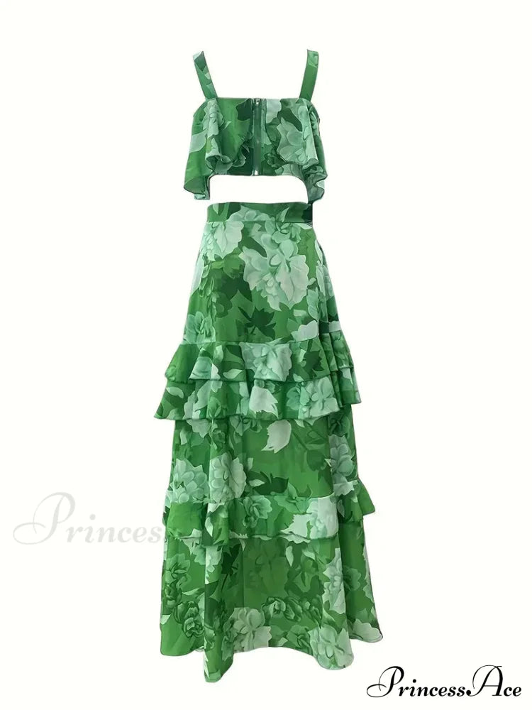 Floral Print Crop Tank With Ruffles And Skirt Set M / Red Floral Chiffon Maxi Dress