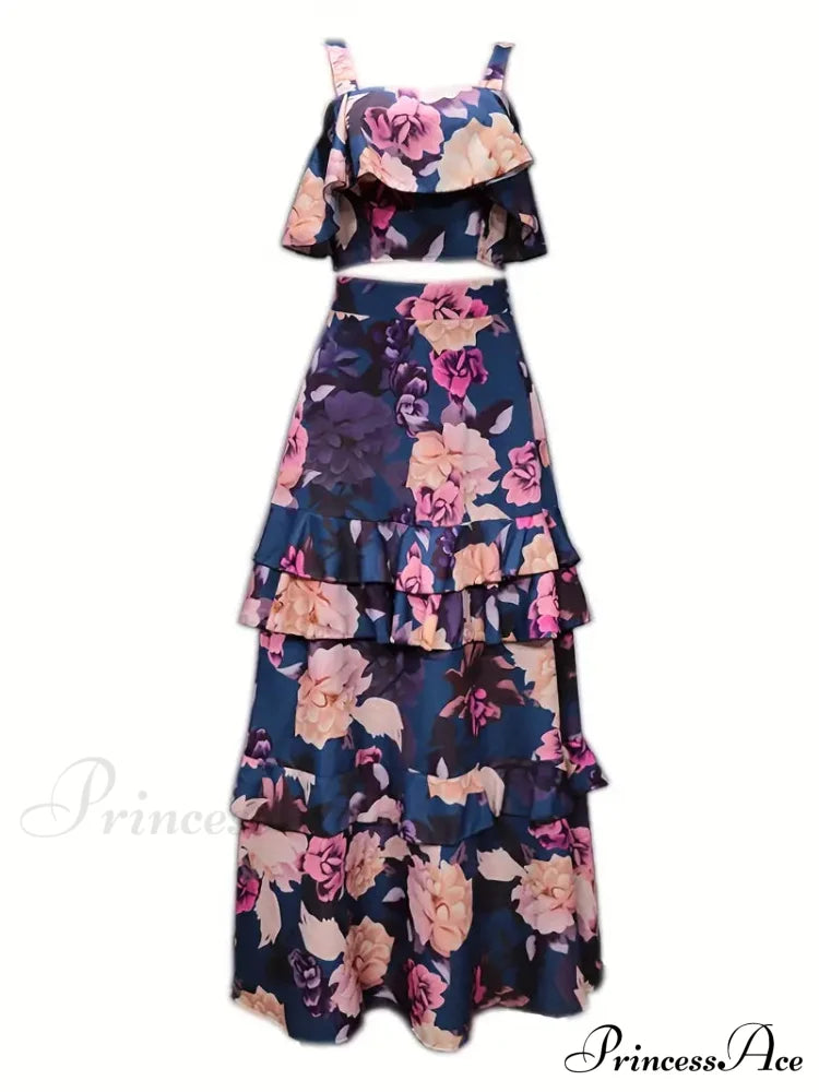 Floral Print Crop Tank With Ruffles And Skirt Set S / Red Floral Chiffon Maxi Dress