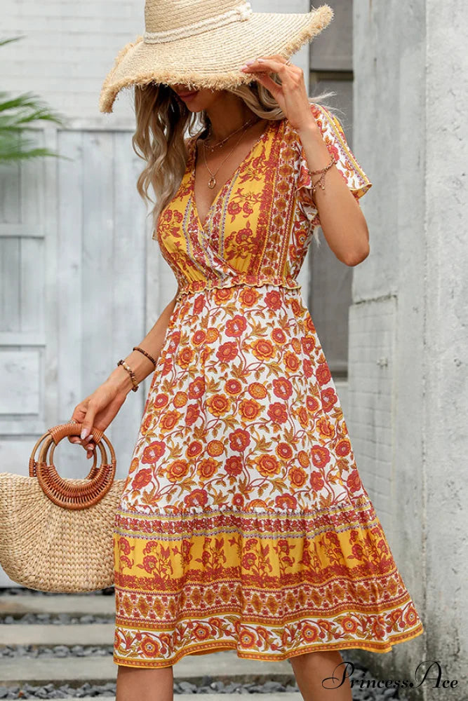 Floral Print Deep Trendy V Neck Mini Dress