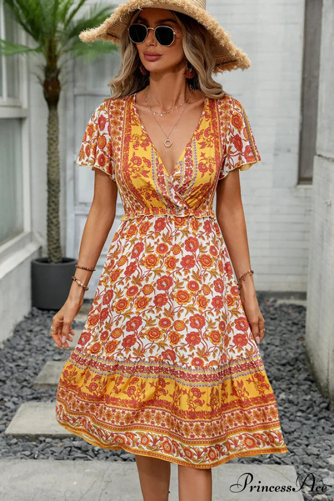 Floral Print Deep Trendy V Neck Mini Dress S / Orange