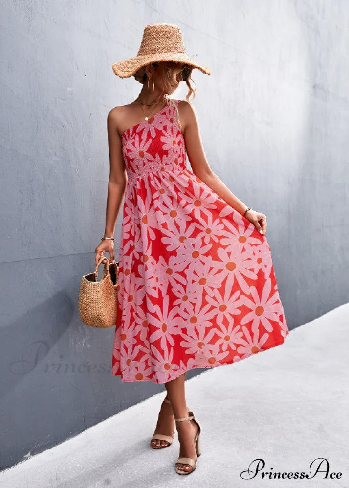 Floral Print Diagonal Shoulder Dress L / Green