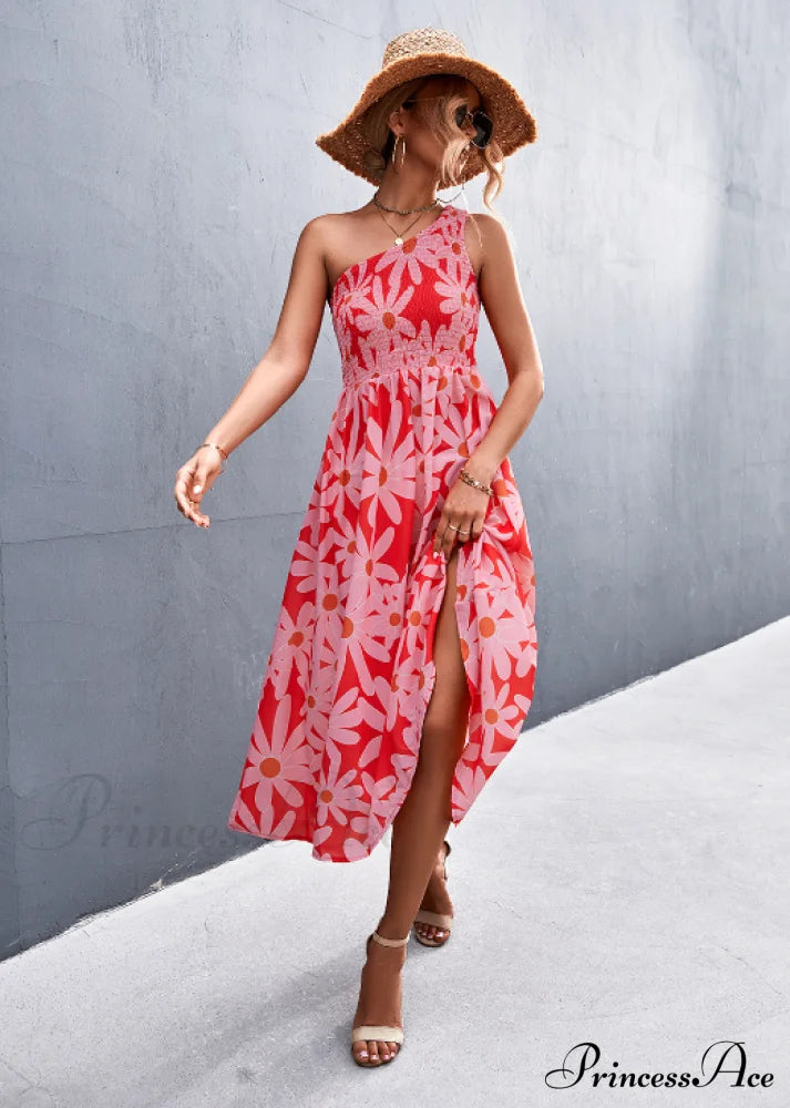 Floral Print Diagonal Shoulder Dress L / White Green